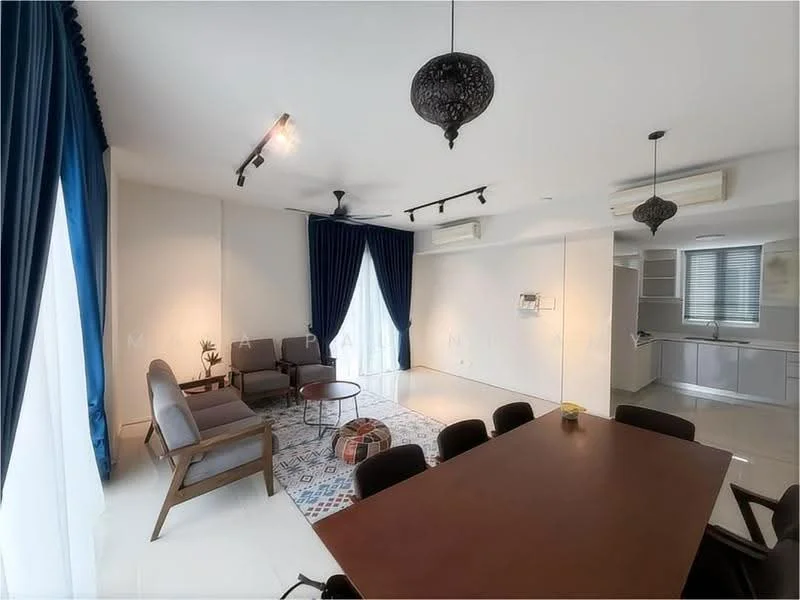Living features: white painted walls, polished tile flooring, 5-blade ceiling fan with light, recessed LED downlights, two pendant lamps, large windows with blue curtains, area rug with geometric pattern, two armchairs, coffee table, dining table with black chairs; style: modern. Kitchen features: white cabinetry, stainless-steel appliances, countertop with backsplash, sink, built-in oven, freestanding range oven; style: modern.