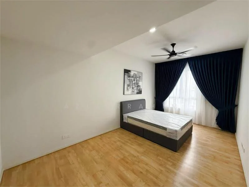 Bedroom features: queen-size bed, upholstered headboard, 5-blade ceiling fan with light, floor-to-ceiling window, sheer curtains, dark blue curtains, wooden flooring, framed artwork on wall; style: modern.