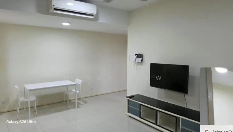 Living features: cream painted walls, glossy tile flooring, wall-mounted TV, TV console with storage, white dining table with chairs, 1 wall-mounted split AC, recessed downlights, ceiling lights; style: modern.