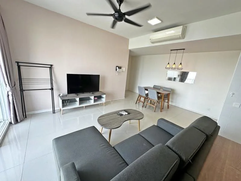 Living features: grey fabric sectional sofa, round wooden coffee table, wall-mounted TV, TV console with storage, 5-blade ceiling fan with light, recessed LED downlights, large sliding glass door, floor-to-ceiling curtains, dining table with 4 chairs, mirror on wall; style: modern.