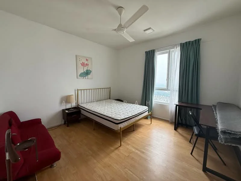 Bedroom features: wooden flooring, white painted walls, 5-blade ceiling fan, floor-to-ceiling window, curtains, queen-size bed with metal frame, red fabric sofa, wooden bedside table, study desk, decorative artwork on wall; style: minimalist; view: sea.