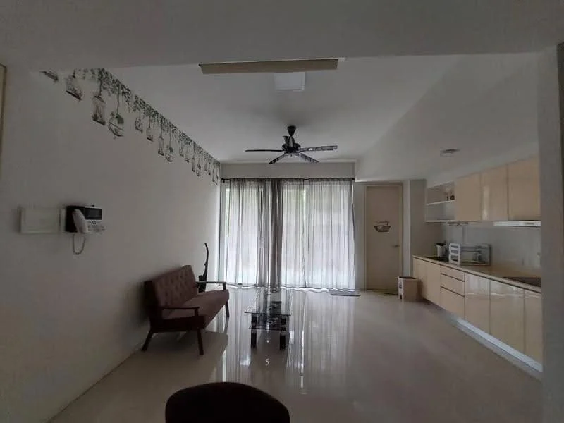 Living features: cream painted walls, polished tile flooring, 5-blade ceiling fan, floor-to-ceiling windows, sheer curtains, sofa with wooden legs, glass coffee table, built-in cabinetry, microwave, kitchenette with cabinets; style: modern.