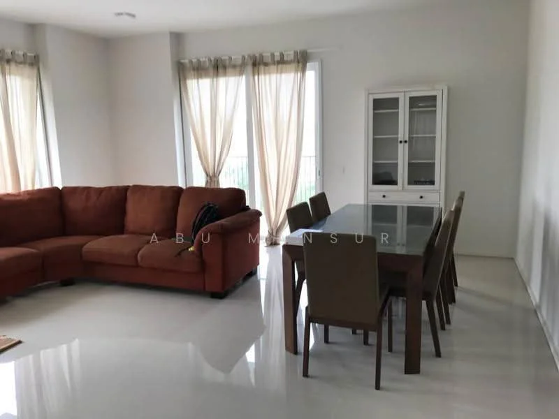 Living features: L-shape sectional sofa in orange, glass dining table, upholstered dining chairs, white painted walls, white ceiling, large windows with sheer curtains, polished tile flooring, sideboard cabinet with glass doors; style: modern.