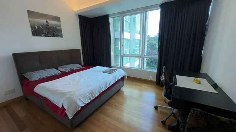 Bedroom features: king-size bed with grey upholstered headboard, white bedding with red accent, wooden flooring, floor-to-ceiling windows, blackout curtains, study desk with chair, decorative wall art, nightstand; style: modern; view: garden.