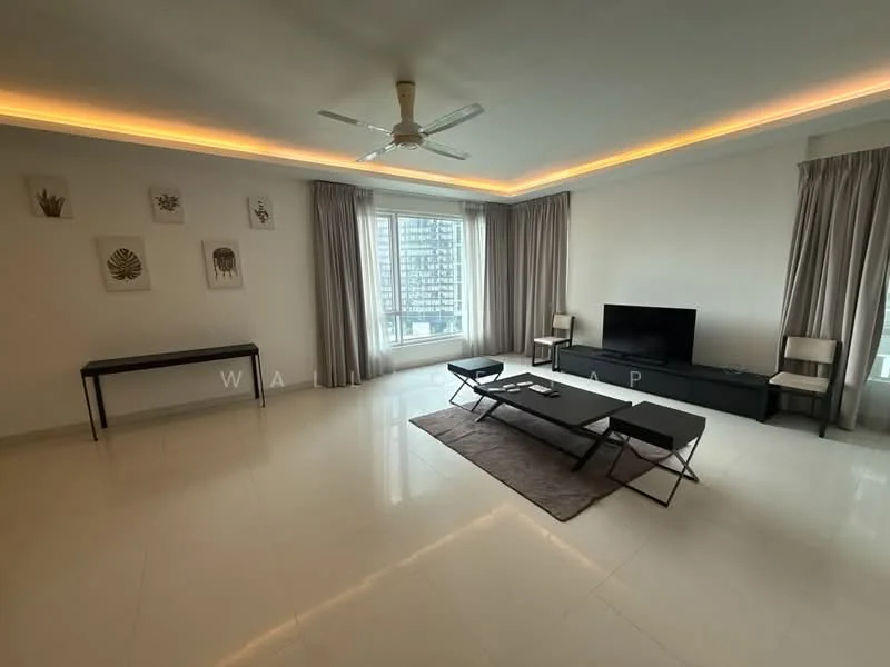 Living features: white painted walls, marble tile flooring, tray ceiling with recessed lighting, 5-blade ceiling fan, floor-to-ceiling windows, sheer curtains, blackout curtains, TV console, wall-mounted TV, coffee table, area rug, 2 upholstered chairs, decorative wall art; style: modern; view: city.