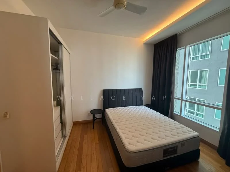 Bedroom features: queen-size bed, upholstered headboard, wooden flooring, floor-to-ceiling windows, blackout curtains, built-in wardrobe with sliding doors, nightstand, ceiling fan with light, recessed lighting; style: modern; view: city.