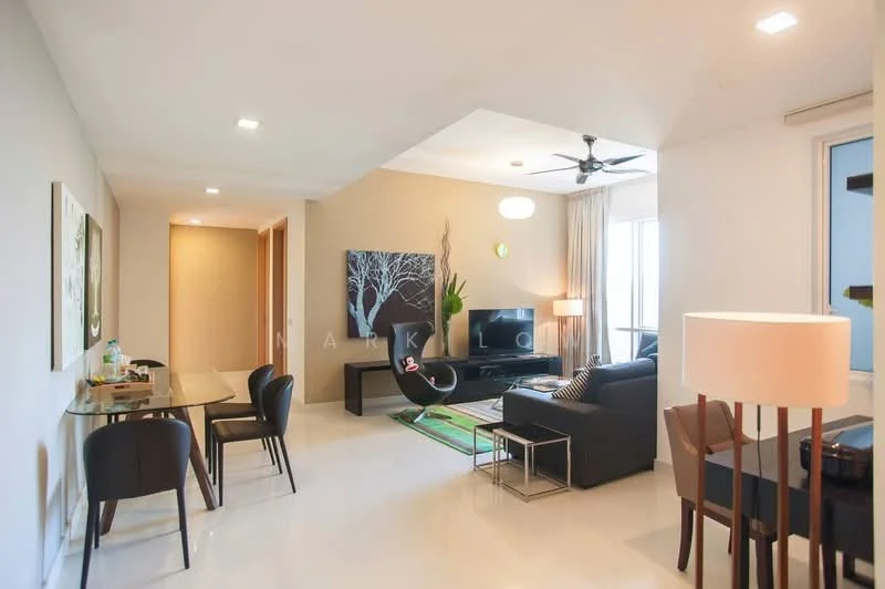 Living features: 3-seater fabric sofa in black, coffee table with metal frame, wall-mounted TV, area rug with geometric pattern, 5-blade ceiling fan with light, floor-to-ceiling windows, decorative plant, wall art with tree design, recessed downlights, light-colored walls, polished tile flooring; style: modern. Dining features: 4-seater dining table, upholstered dining chairs, decorative lamp, sideboard with storage; style: modern.