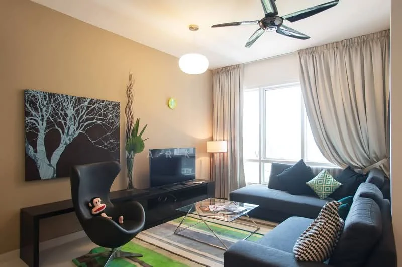 Living features: 3-seater fabric sofa in grey, L-shape sectional sofa, black accent chair, glass coffee table, wall-mounted TV, TV console in black, area rug with geometric pattern, pendant light fixture, 5-blade ceiling fan with light, floor-to-ceiling windows with sheer curtains, decorative wall art with tree design, green accent pillows; style: modern; view: city.
