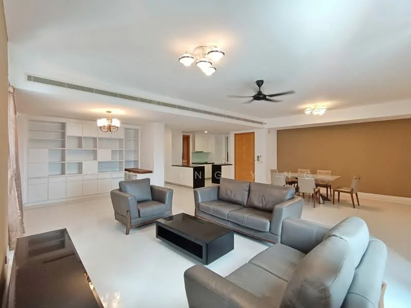 Living features: 3-seater leather sofa in grey, 2-seater leather sofa in grey, black coffee table, TV console, wall-mounted TV, recessed downlights, 5-blade ceiling fan, cream painted walls, white tiled flooring, large windows with sheer curtains, decorative wall with brown accent, open layout to dining area; style: modern. Dining features: 6-seater dining table, upholstered dining chairs, white cabinetry in background, open layout to living area; style: modern.