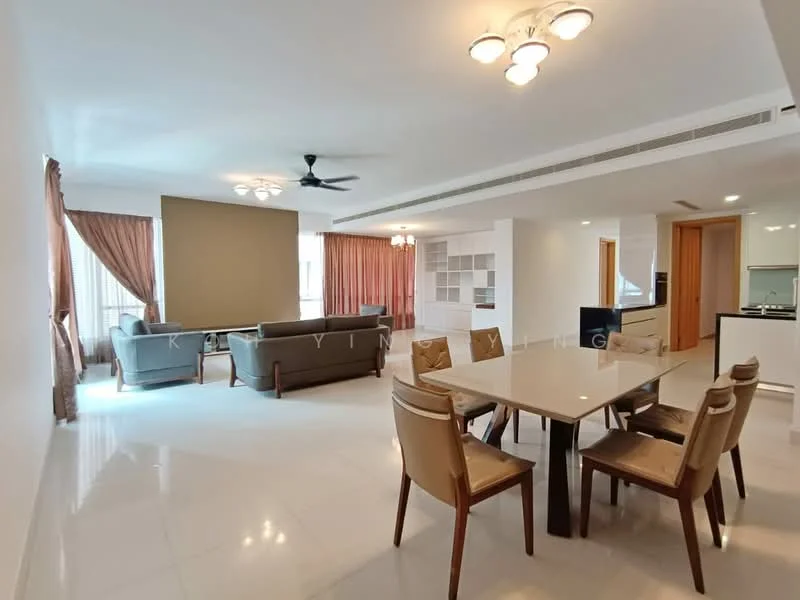 Living features: 3-seater fabric sofa in grey, 2-seater fabric sofa in grey, coffee table, TV console, wall-mounted TV, area rug, floor-to-ceiling windows, curtains in light brown, ceiling fan with light, recessed downlights, white walls, marble flooring; style: modern; view: city. Dining features: 6-seater dining table, upholstered dining chairs, white walls, marble flooring, recessed downlights; style: modern. Kitchen features: kitchen island, white cabinetry, stainless-steel appliances, granite countertop, open layout, marble flooring; style: modern.