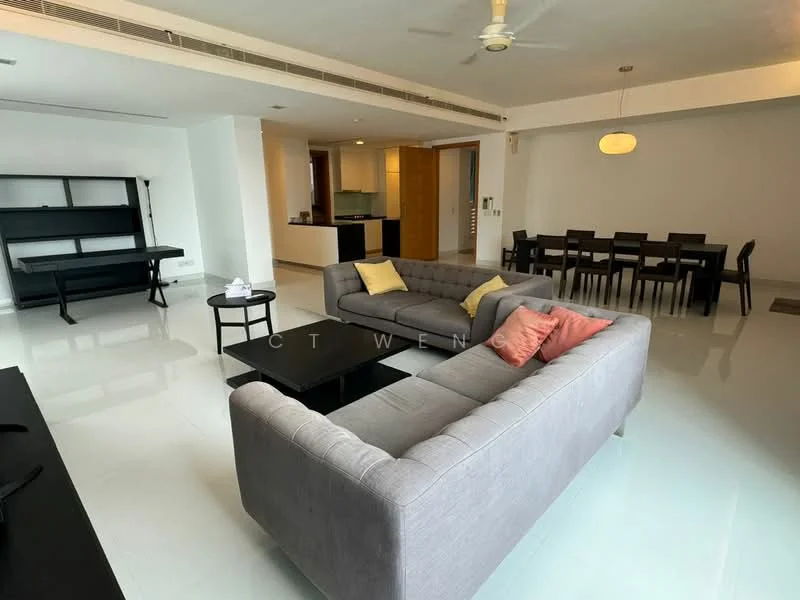 Living features: grey fabric L-shape sectional sofa, black coffee table, white walls, recessed downlights, ceiling fan, large windows, polished tile flooring, decorative cushions in yellow and pink; style: modern. Dining features: 6-seater dining table, black dining chairs, white walls, polished tile flooring, pendant light, open layout to living area; style: modern.