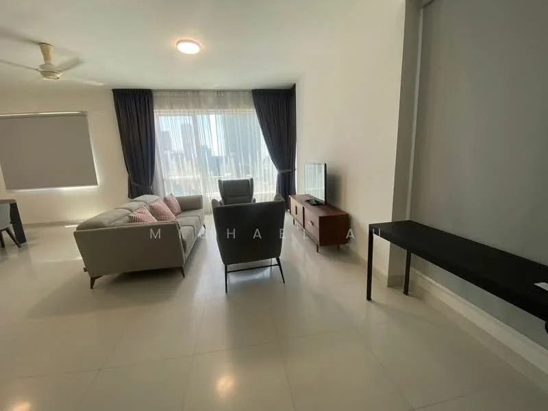 Living features: 3-seater fabric sofa in light grey, 2-seater fabric armchair in dark grey, coffee table, TV console in wood, wall-mounted TV, floor-to-ceiling windows, sheer curtains, recessed downlights, ceiling fan, white painted walls, tile flooring; style: modern; view: city.