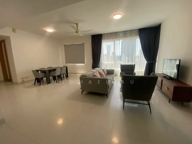 Living features: white painted walls, ceramic tile flooring, 5-blade ceiling fan, floor-to-ceiling windows, sheer curtains, sofa in light grey fabric, 2-seater armchair in green fabric, wooden TV console, wall-mounted TV, dining table for 4, decorative cushions; style: modern; view: city.