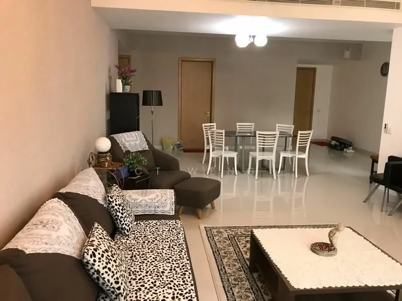 Living features: 3-seater fabric sofa in brown with decorative cushions, area rug with geometric pattern, coffee table with decorative items, wall-mounted TV, floor lamp, white walls, recessed ceiling lights, polished tile flooring; style: modern. Dining features: 6-seater dining table with white chairs, white walls, polished tile flooring; style: modern.