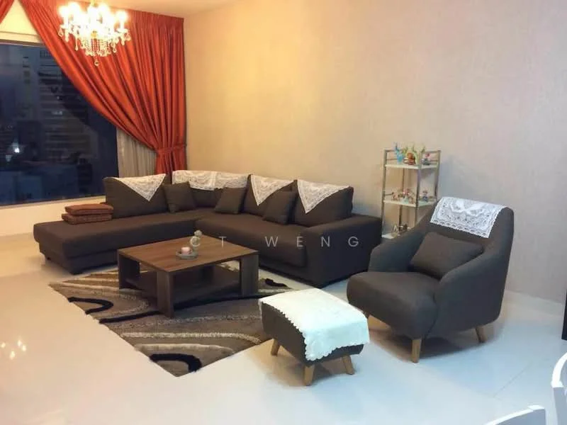 Living features: L-shape sectional sofa in dark grey, decorative lace throw on sofa, wooden coffee table, area rug with geometric pattern, single accent chair in grey with wooden legs, floor-to-ceiling windows, sheer curtains in orange, chandelier with multiple bulbs, light grey painted walls, decorative shelving unit with small items; style: modern; view: city.