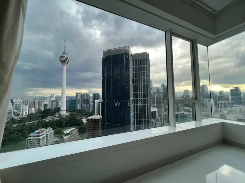Room features: floor-to-ceiling windows, white walls, grey flooring, city skyline view, curtains, corner window, natural light; style: modern; view: city.