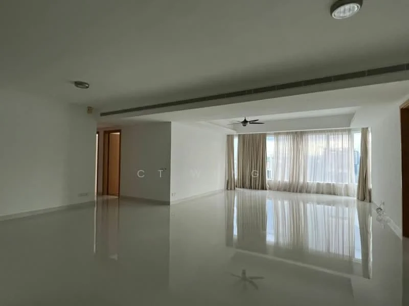 Living features: white painted walls, polished tile flooring, 5-blade ceiling fan, floor-to-ceiling windows, sheer curtains, natural light, open layout, neutral color palette; style: modern.