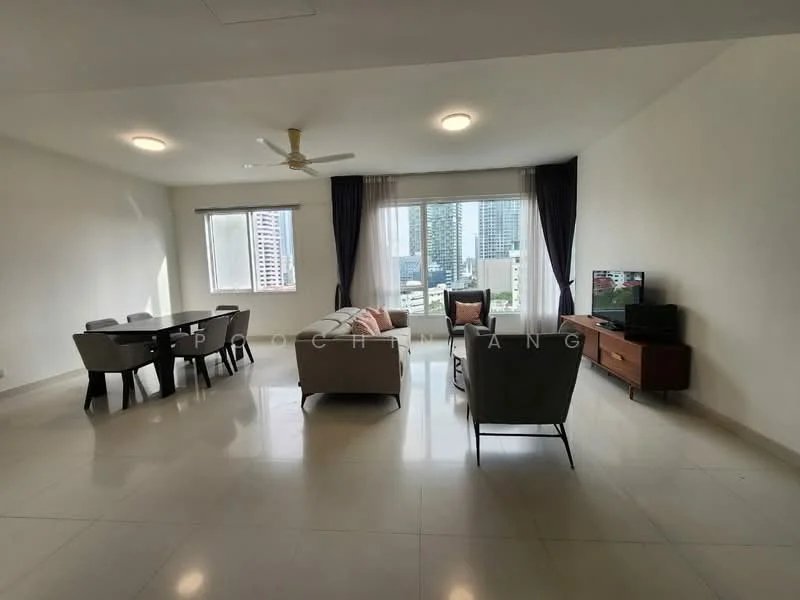 Living features: 3-seater fabric sofa in light grey, 2 armchairs in dark grey, wooden coffee table, TV console with flat-screen TV, floor-to-ceiling windows, sheer curtains, ceiling fan with light, light-coloured tiled flooring, decorative wall art, area rug with geometric pattern; style: modern; view: city. Dining features: 4-seater dining table, dark wooden dining chairs, light-coloured tiled flooring; style: modern; view: city.