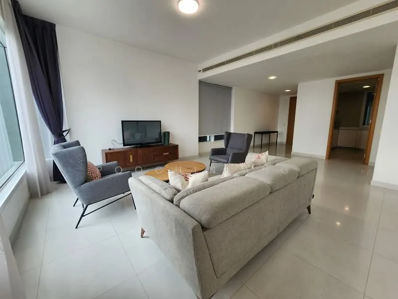 Living features: grey fabric sofa, 2 armchairs in dark fabric, wooden TV console, flat-screen TV, large windows with sheer curtains, white painted walls, recessed ceiling lights, tile flooring, decorative cushions, area rug; style: modern; view: city.