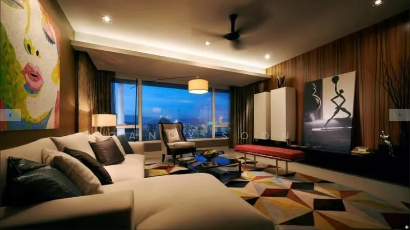 Living features: 3-seater fabric sofa in light grey, accent chair in dark blue, coffee table with wooden legs, area rug with geometric pattern, wall-mounted TV, TV console, floor-to-ceiling windows, curtains in light fabric, pendant lamp, 5-blade ceiling fan, framed artwork with abstract design, decorative sculpture, wood paneling on one wall; style: modern; view: city.