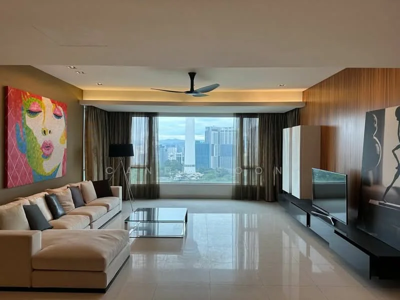Living features: 3-seater fabric sofa in beige, coffee table with glass top, wall-mounted TV, TV console in black, floor-to-ceiling windows, city skyline view, recessed downlights, ceiling fan with light, wood panel accent wall, decorative artwork with vibrant colors, curtains in dark grey, polished tile flooring; style: modern; view: city.