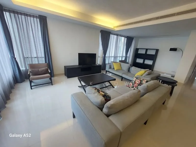 Living features: grey fabric 3-seater sofa, grey fabric 2-seater sofa, black TV console, wall-mounted TV, floor-to-ceiling windows, sheer curtains, dark wood shelving unit, area rug, ceiling with recessed lighting, decorative cushions, white walls, glossy tile flooring; style: modern; view: city.