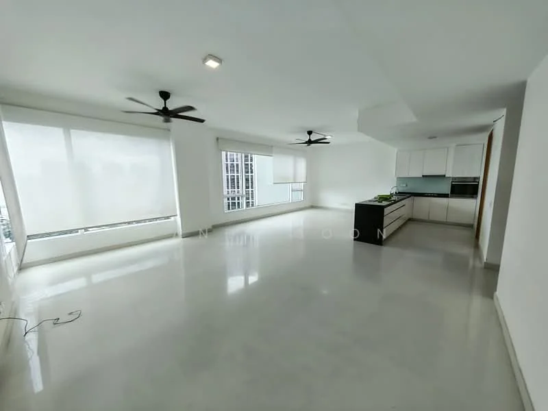 Living features: white painted walls, polished concrete flooring, 2 ceiling fans, floor-to-ceiling windows, roller blinds, open layout, kitchen island, built-in cabinetry, recessed downlights; style: modern; view: city.