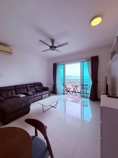 Living features: 3-seater leather sofa in dark brown, coffee table with white top, floor-to-ceiling sliding glass door, balcony view, ceiling fan with light, wall-mounted TV, white painted walls, glossy tile flooring, curtains in dark grey, decorative wall shelf; style: modern; view: sea.