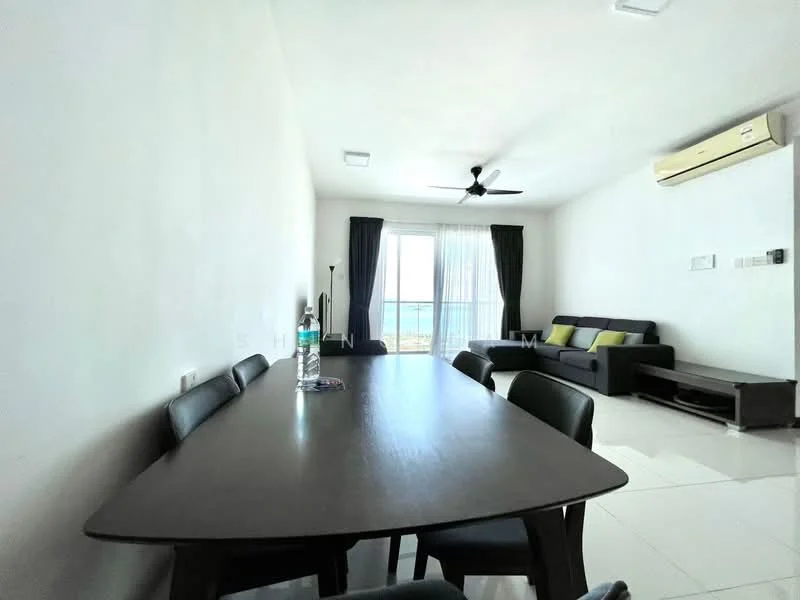 Dining features: dining table with dark wood finish, 6 black dining chairs, water bottle on table, white walls, recessed downlights, floor-to-ceiling windows, curtains in dark fabric, tile flooring, air conditioning unit on wall, sofa in living area visible in background, coffee table in living area visible in background; style: modern; view: sea.