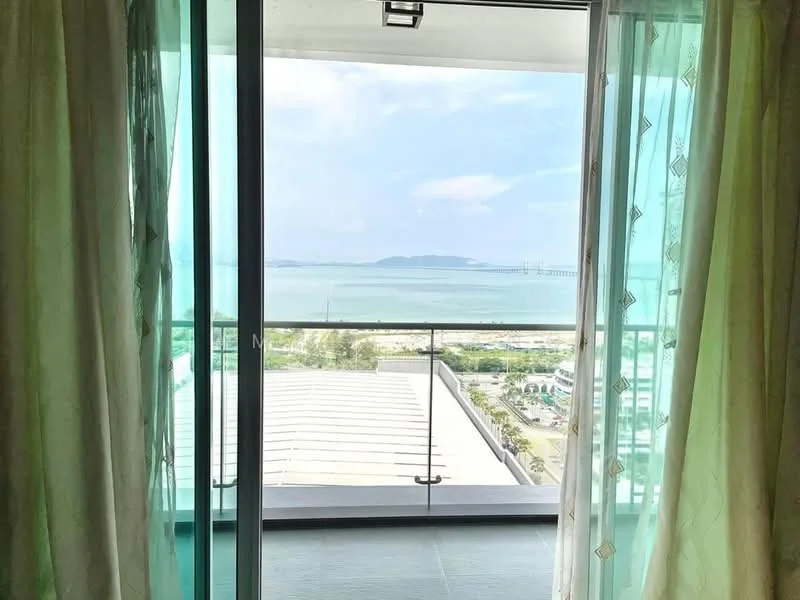 Room features: floor-to-ceiling sliding glass door, sheer curtains, balcony with glass railing, view of the sea, view of the bridge, tile flooring, natural light, open space; style: modern; view: sea.