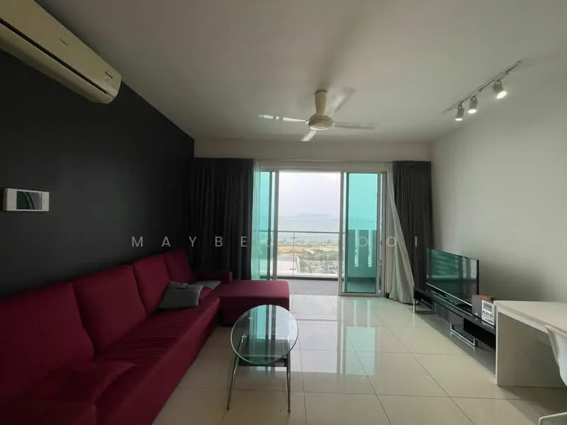 Living features: 3-seater fabric sofa in red, glass coffee table, wall-mounted TV, TV console, floor-to-ceiling windows, curtains, ceiling fan, recessed LED downlights, white tiled flooring, black accent wall; style: modern; view: sea.