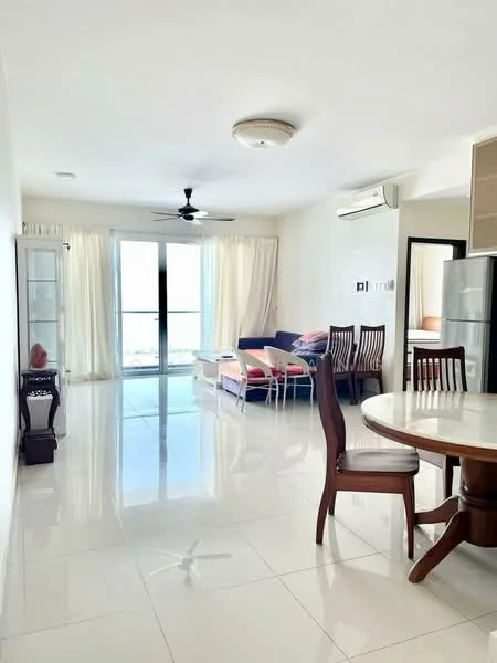 Living features: white painted walls, glossy white tile flooring, 5-blade ceiling fan with light, floor-to-ceiling windows, sheer curtains, sofa with cushions, coffee table, dining table with chairs, air conditioning unit; style: modern; view: city.