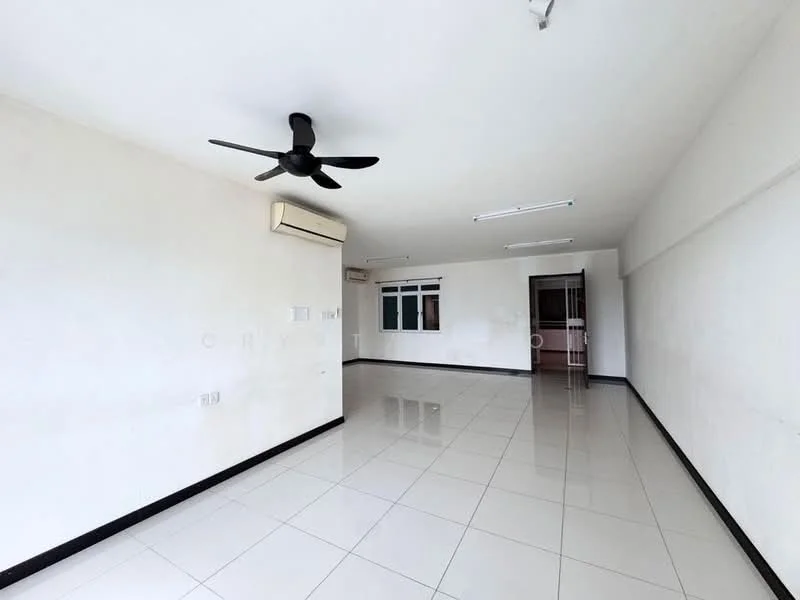 Room features: white painted walls, polished ceramic tile flooring, 5-blade ceiling fan, 1 wall-mounted split AC, large window, doorway leading to another room, neutral color scheme, open layout; style: modern.