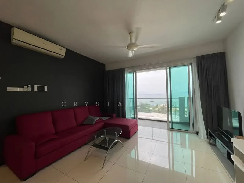 Living features: 3-seater fabric sofa in red, glass coffee table, floor-to-ceiling windows, sliding glass door, curtains, wall-mounted TV, air conditioning unit, white tiled flooring, recessed downlights, grey accent wall; style: modern; view: sea.