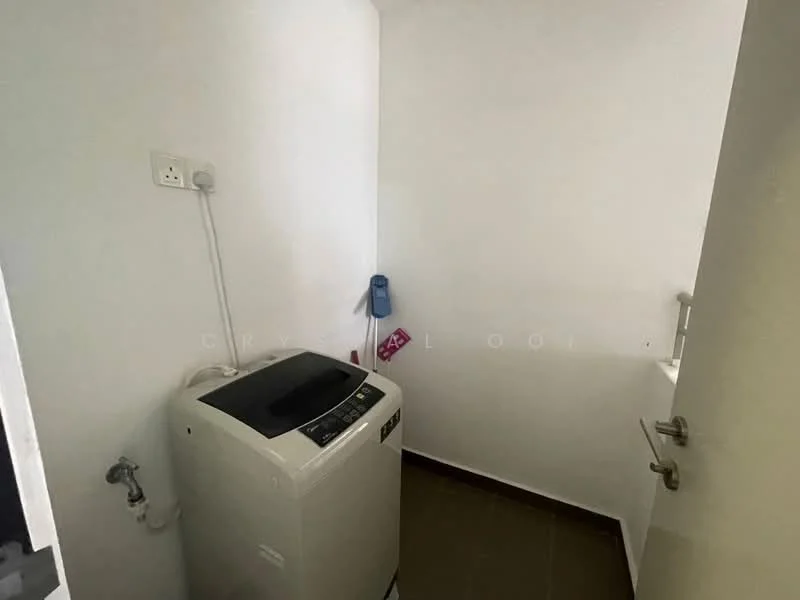Laundry features: top-load washing machine, white walls, brown tiled flooring, wall-mounted faucet, power outlet, door leading to another room.