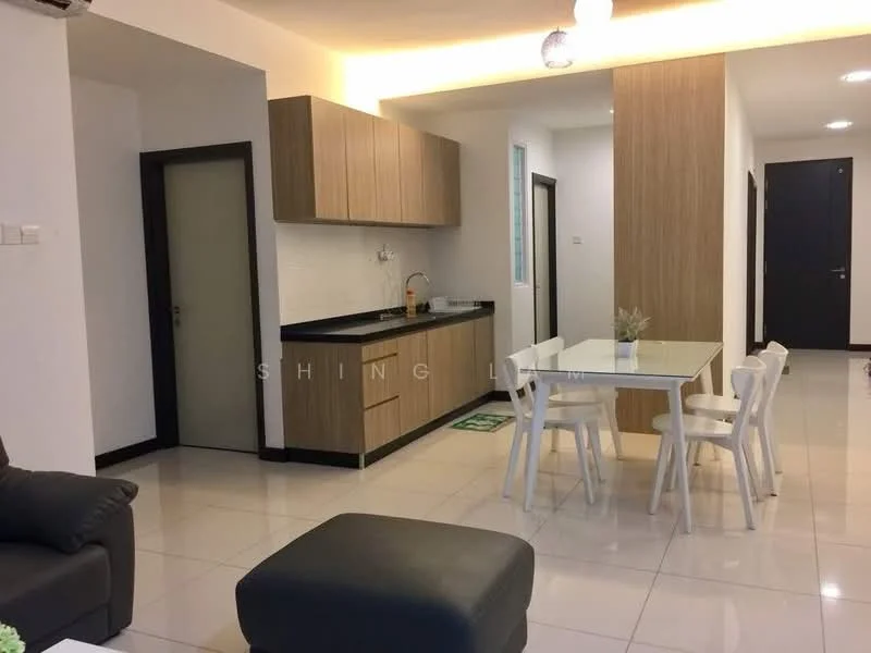 Kitchen features: white tiled walls, light wood cabinetry, black countertop, stainless-steel sink, chrome pull-down faucet, built-in oven, freestanding range oven, refrigerator, 2-seater dining table, white dining chairs, ceramic tile flooring, recessed downlights, wall-mounted split AC; style: modern. Living features: grey leather sofa, black ottoman, coffee table, wall-mounted TV, ceramic tile flooring, recessed downlights; style: modern. Hallway features: white walls, ceramic tile flooring, recessed downlights, door to bathroom, door to bedroom; style: modern.
