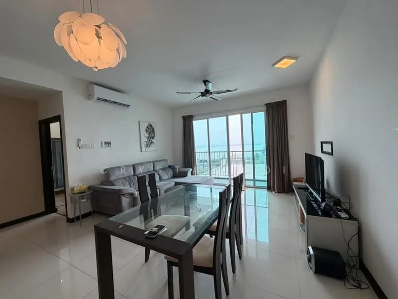 Living features: floor-to-ceiling windows, sliding glass door, 3-blade ceiling fan, chandelier, grey fabric sofa, glass dining table, 4 upholstered dining chairs, wall-mounted TV, TV console, white painted walls, polished tile flooring, curtains, air conditioning unit; style: modern; view: city.