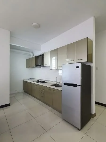 Kitchen features: white painted walls, glossy beige cabinetry, stainless-steel fridge, built-in oven, 4-burner gas hob, single-bowl stainless-steel sink, chrome pull-down faucet, white countertop, ceramic tile flooring, recessed downlights, exhaust hood; style: modern.