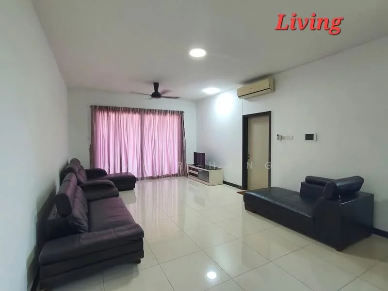 Living features: 3-seater leather sofa in dark brown, 2-seater leather sofa in dark brown, floor-to-ceiling windows with sheer curtains, recessed downlights, ceiling fan, wall-mounted TV, TV console, polished ceramic tile flooring, air conditioning unit, decorative wall panel, neutral painted walls; style: modern.