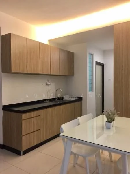 Kitchen features: wood cabinetry, black countertop, single-bowl stainless-steel sink, chrome pull-down faucet, white tiled backsplash, recessed downlights, dining table with white chairs, tile flooring; style: modern.