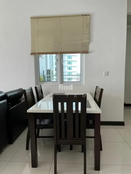 Dining features: white dining table, dark wood dining chairs, blinds on window, white walls, glossy tile flooring, floor-to-ceiling window, city view from window; style: modern; view: city.