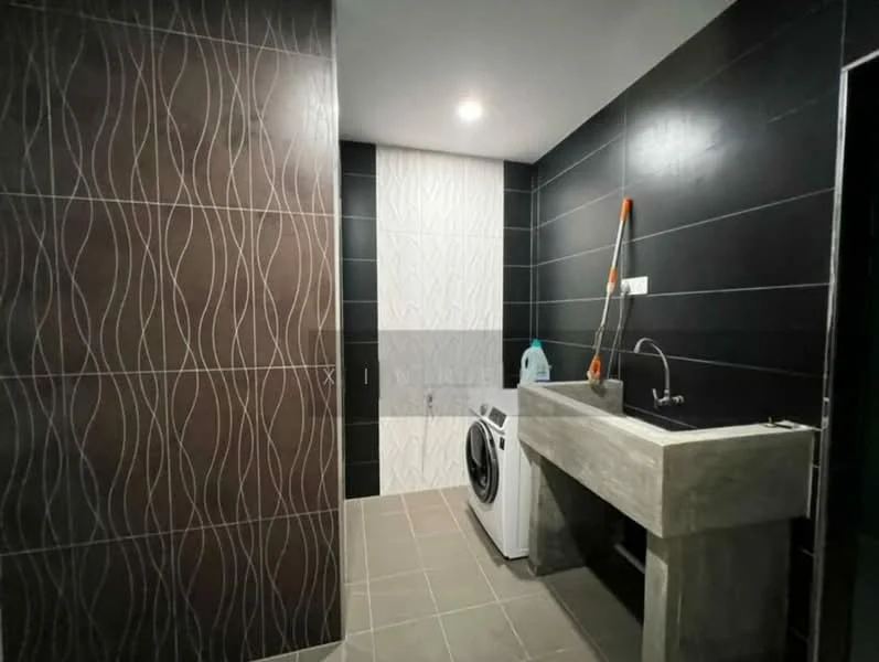 Laundry features: grey ceramic tile flooring, dark brown accent wall with wave pattern, white wall with textured pattern, concrete countertop with sink, single-bowl stainless-steel sink, washing machine, recessed LED downlights; style: modern.
