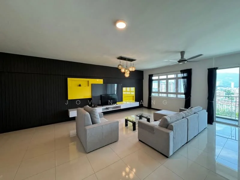 Living features: grey fabric 3-seater sofa, grey fabric 2-seater sofa, black accent wall, white TV console, wall-mounted TV, glass coffee table, recessed ceiling lights, 5-blade ceiling fan with light, floor-to-ceiling windows, black curtains, white tiled flooring; style: modern; view: city.