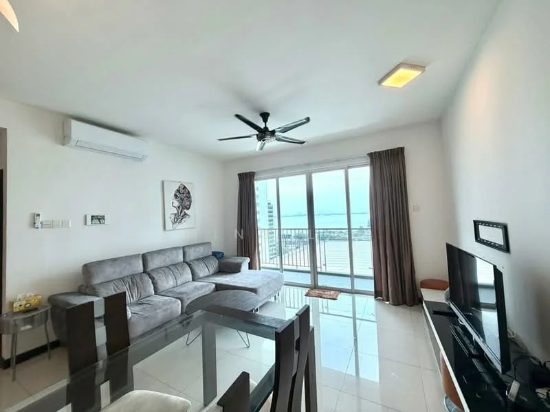 Living features: 3-seater fabric sofa in grey, ceiling fan with light, floor-to-ceiling windows, sliding glass door, white painted walls, glossy tile flooring, wall-mounted TV, TV console, decorative artwork, curtains, air conditioning unit; style: modern; view: sea.