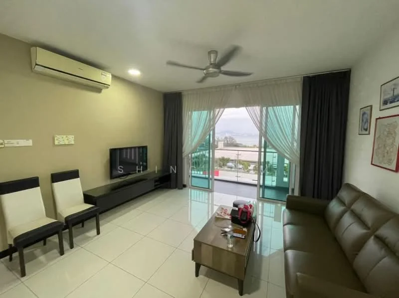 Living features: cream painted walls, white tiled flooring, 5-blade ceiling fan with light, wall-mounted TV, black TV console, brown leather sofa, coffee table, floor-to-ceiling windows, sheer curtains, dark grey curtains, decorative wall art; style: modern; view: city.