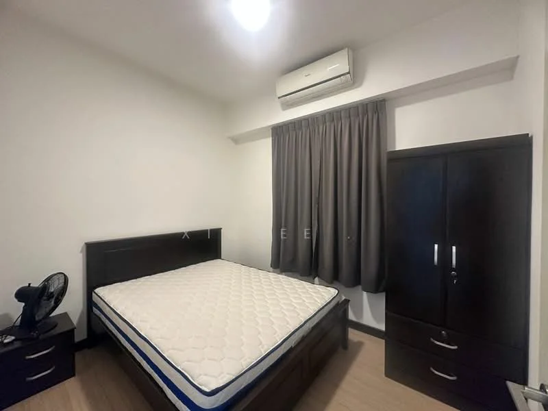 Bedroom features: queen-size bed, mattress on bed frame, dark wood bedside table, dark wood wardrobe, floor-mounted air conditioning unit, grey curtains, white painted walls, laminate flooring, ceiling light fixture, table fan; style: modern.