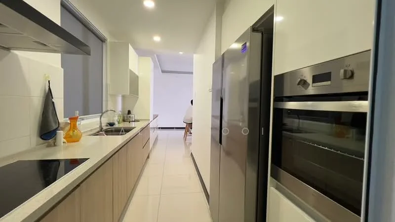 Kitchen features: white cabinets, grey countertop, stainless-steel refrigerator, built-in oven, induction cooktop, kitchen sink, wall-mounted range hood, tile flooring, recessed lighting, open layout, pantry space, bar stool seating area; style: modern.