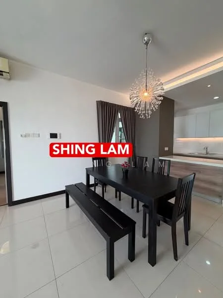 Dining features: 6-seater dining table, black wooden dining chairs, black bench seating, chandelier light fixture, white painted walls, grey accent wall, tile flooring, curtains, open layout to kitchen; style: modern.
