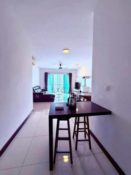 Room features: white painted walls, glossy tile flooring, ceiling fan, recessed downlights, floor-to-ceiling windows, curtains, small dining table, stools, sofa, TV console, desk, city view; style: modern; view: city.