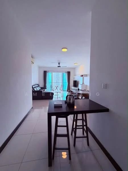 Living features: white painted walls, glossy tile flooring, 5-blade ceiling fan with light, floor-to-ceiling windows, sheer curtains, sofa in dark color, coffee table, TV console, wall-mounted TV, decorative lamp, dining table with high stools; style: modern; view: city.